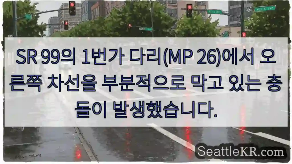 SR 99의 1번가 다리(MP 26)에서 오른쪽 차선을 부분적으로 막고 있는 충돌이
