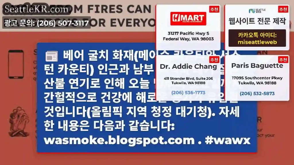 베어 굴치 화재(메이슨 카운티와 서스턴 카운티) 인근과 남부 지역의 대기 질은 산불