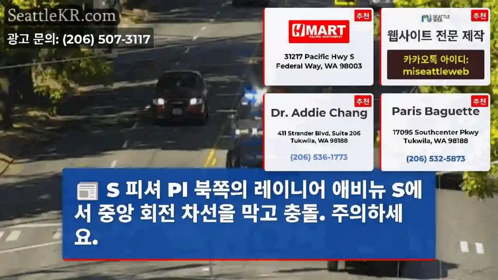 S 피셔 Pl 북쪽의 레이니어 애비뉴 S에서 중앙 회전 차선을 막고 충돌. 주의하세요.
