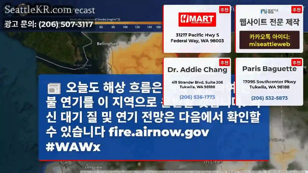 오늘도 해상 흐름은 계속 발전하여 산불 연기를 이 지역으로 운반할 것입니다. 최신 대기