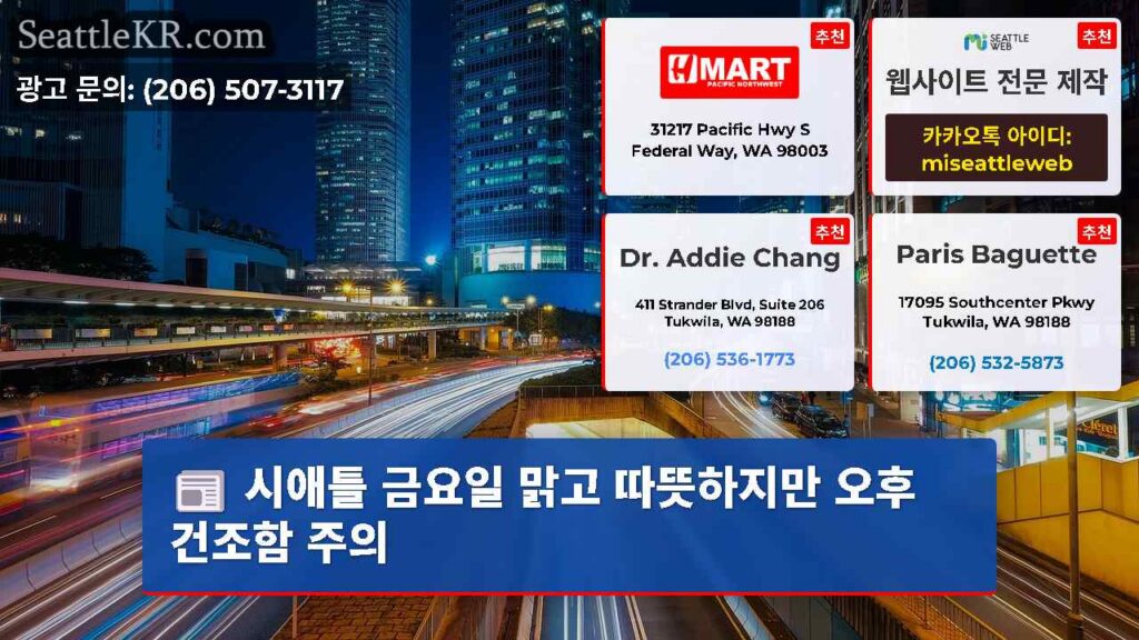 시애틀 금요일 맑고 따뜻하지만 오후 건조함 주의