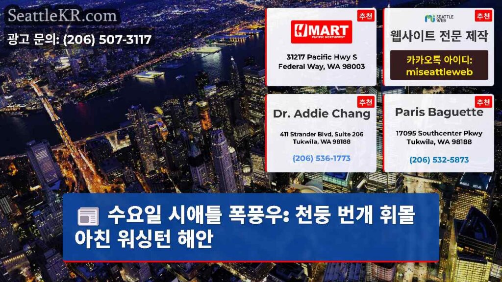 수요일 시애틀 폭풍우: 천둥 번개 휘몰아친 워싱턴 해안