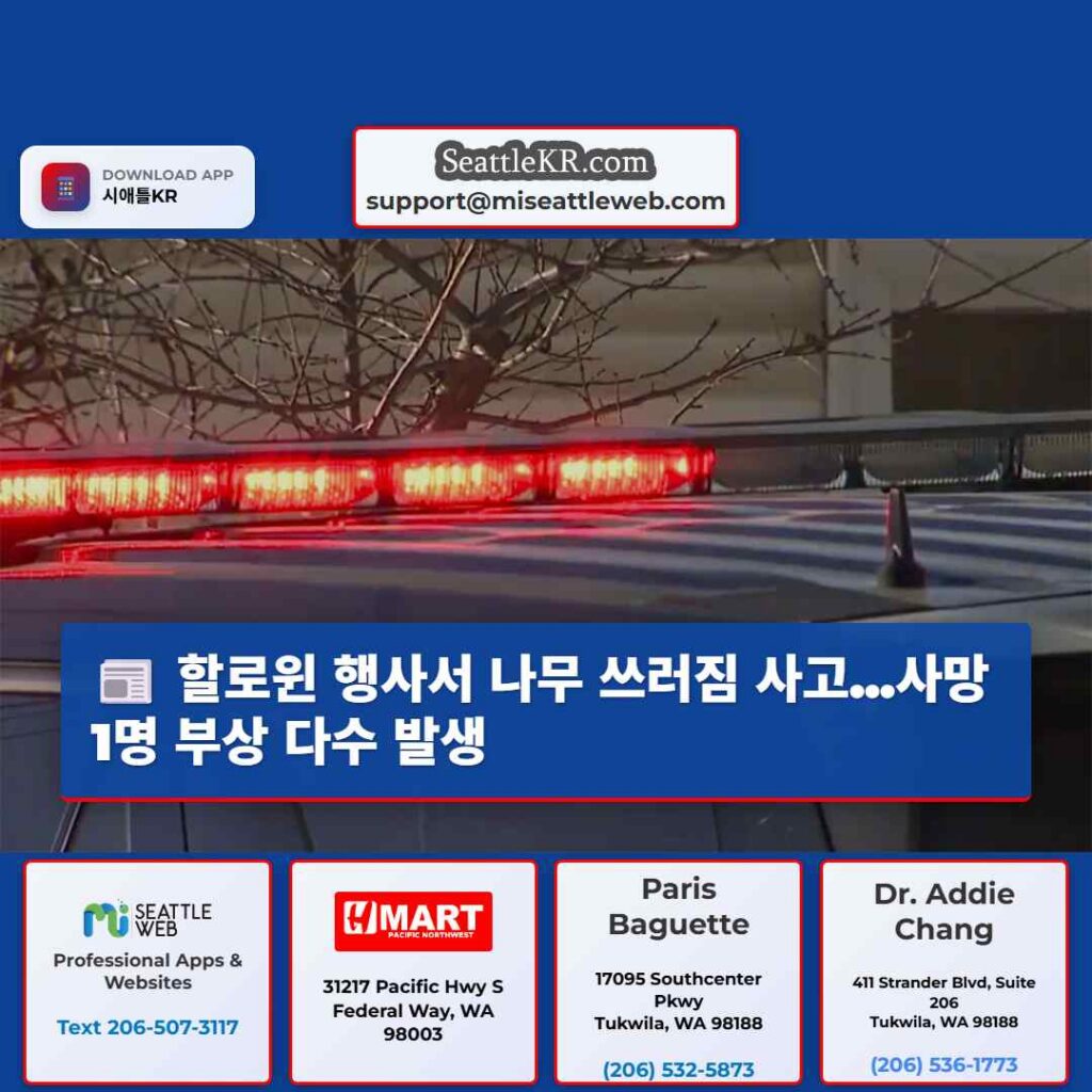 시애틀 날씨뉴스 5 할로윈 행사서 나무 쓰러짐 사고...사망 1명 부상 다수 발생