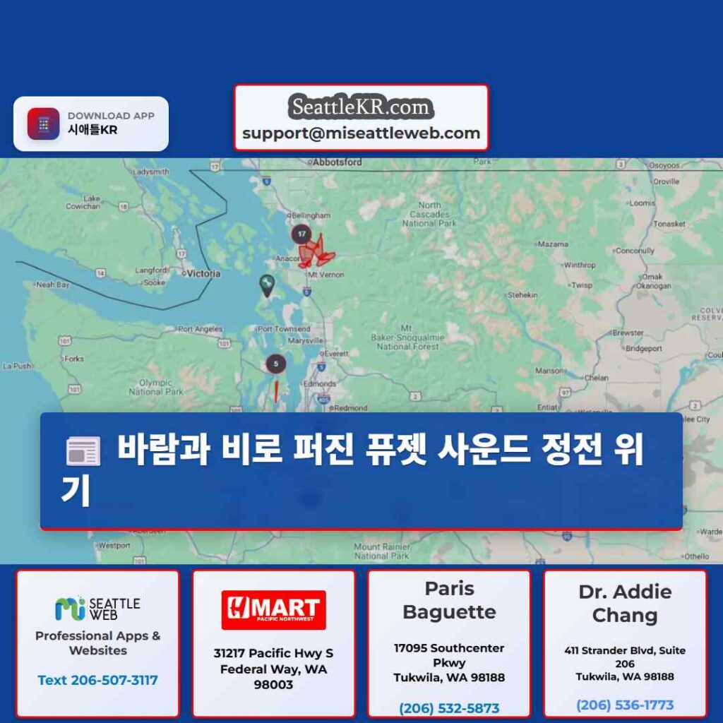 바람과 비로 퍼진 퓨젯 사운드 정전 위기