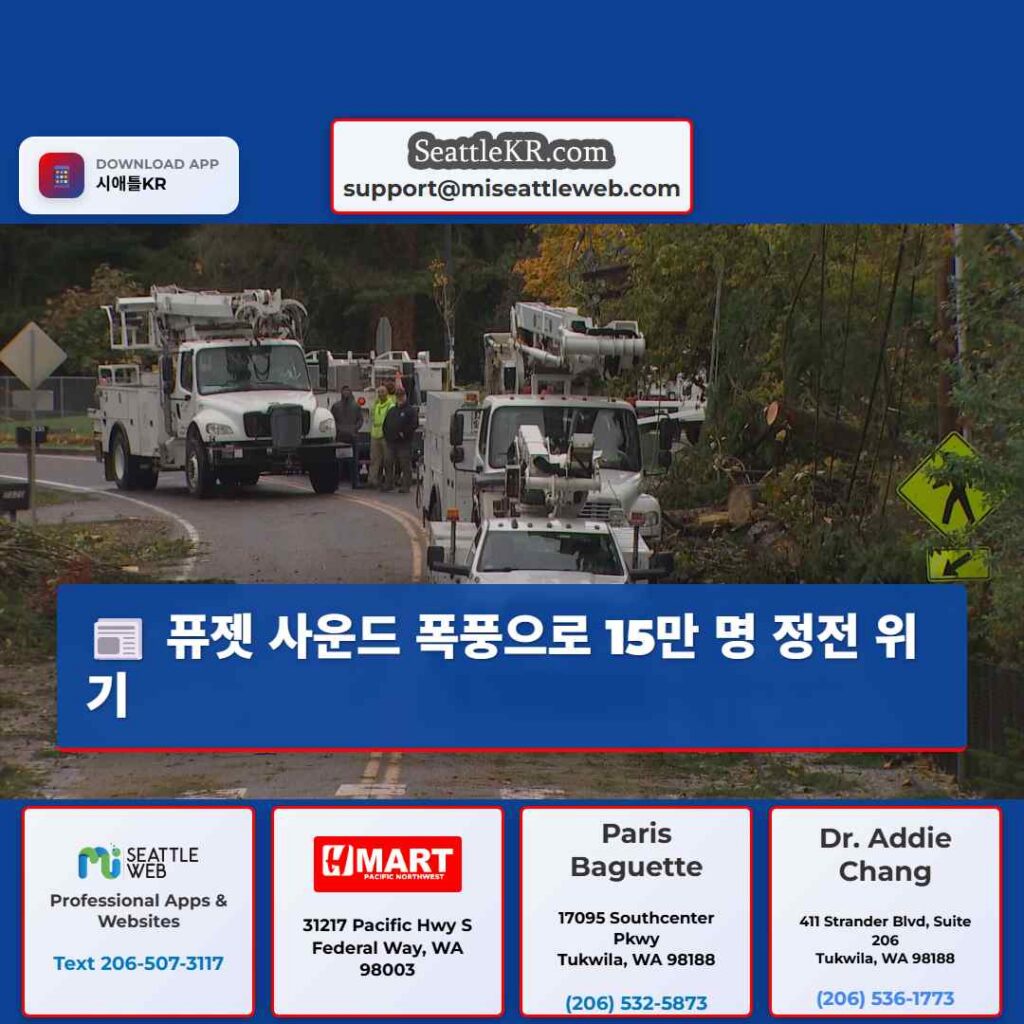 퓨젯 사운드 폭풍으로 15만 명 정전 위기