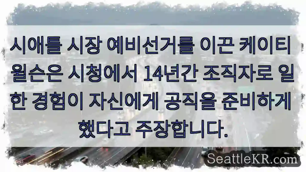 시애틀 시장 예비선거를 이끈 케이티 윌슨은 시청에서 14년간 조직자로 일한 경험이