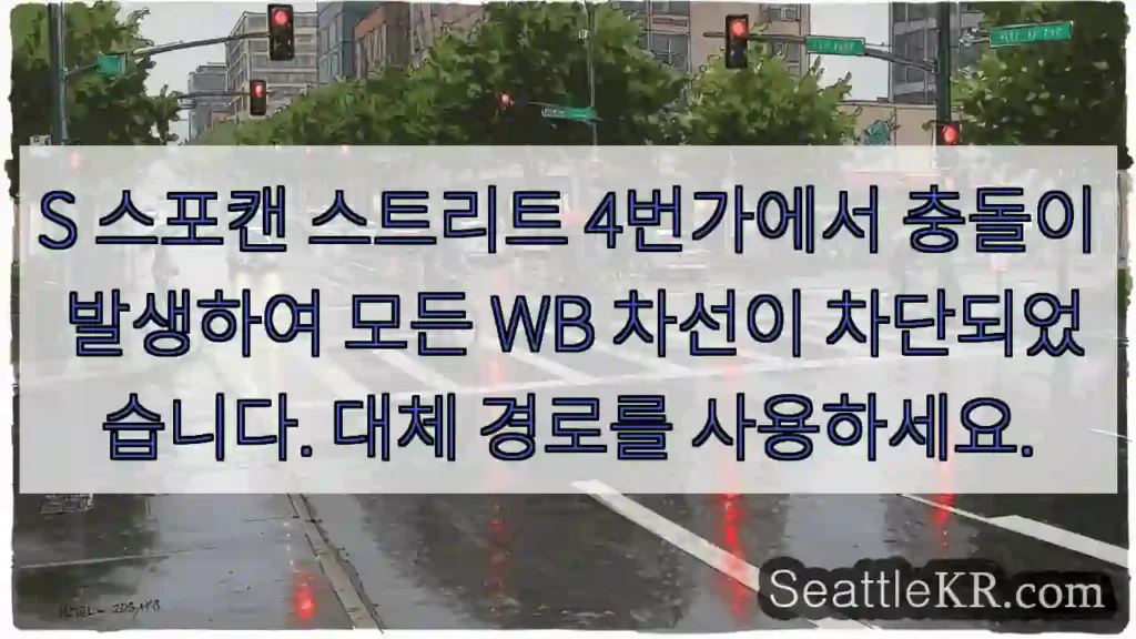 S 스포캔 스트리트 4번가에서 충돌이 발생하여 모든 WB 차선이 차단되었습니다. 대체