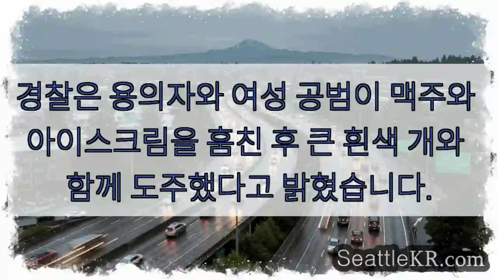 경찰은 용의자와 여성 공범이 맥주와 아이스크림을 훔친 후 큰 흰색 개와 함께 도주했다고