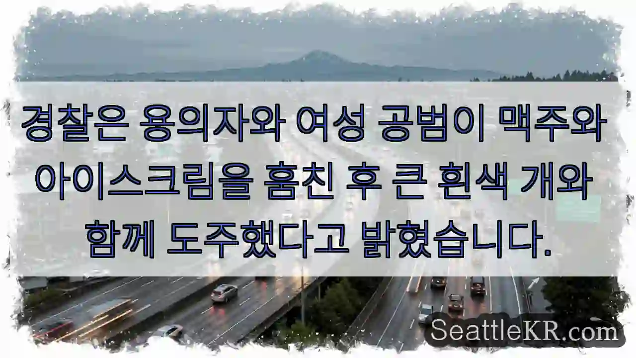 경찰은 용의자와 여성 공범이 맥주와 아이스크림을 훔친 후 큰 흰색 개와 함께 도주했다고