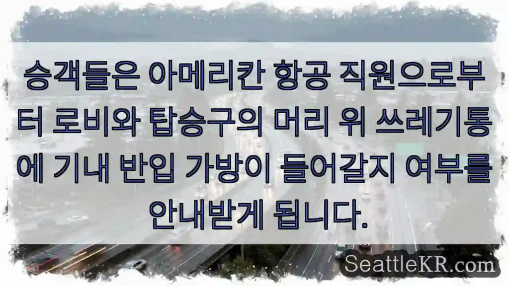승객들은 아메리칸 항공 직원으로부터 로비와 탑승구의 머리 위 쓰레기통에 기내 반입 가방이