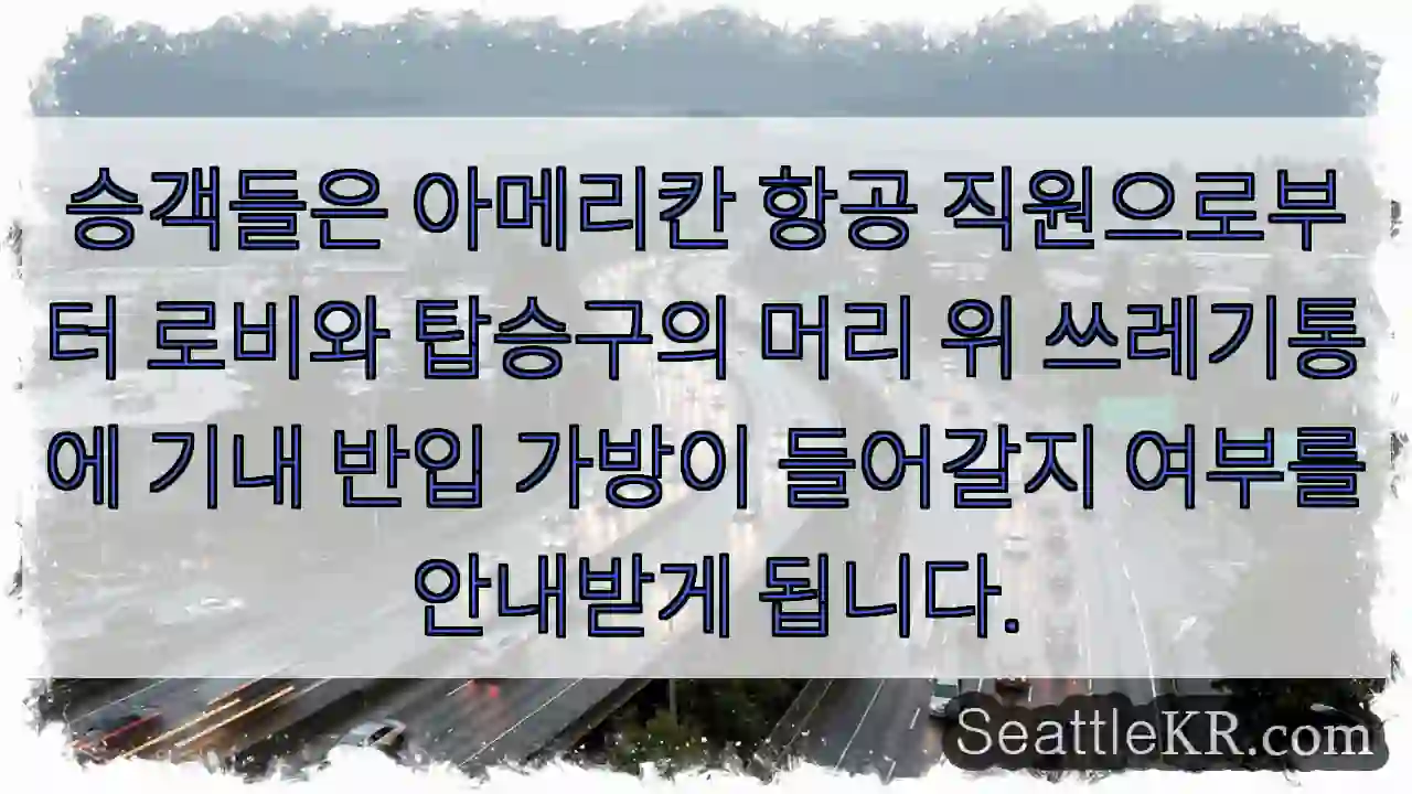 승객들은 아메리칸 항공 직원으로부터 로비와 탑승구의 머리 위 쓰레기통에 기내 반입 가방이