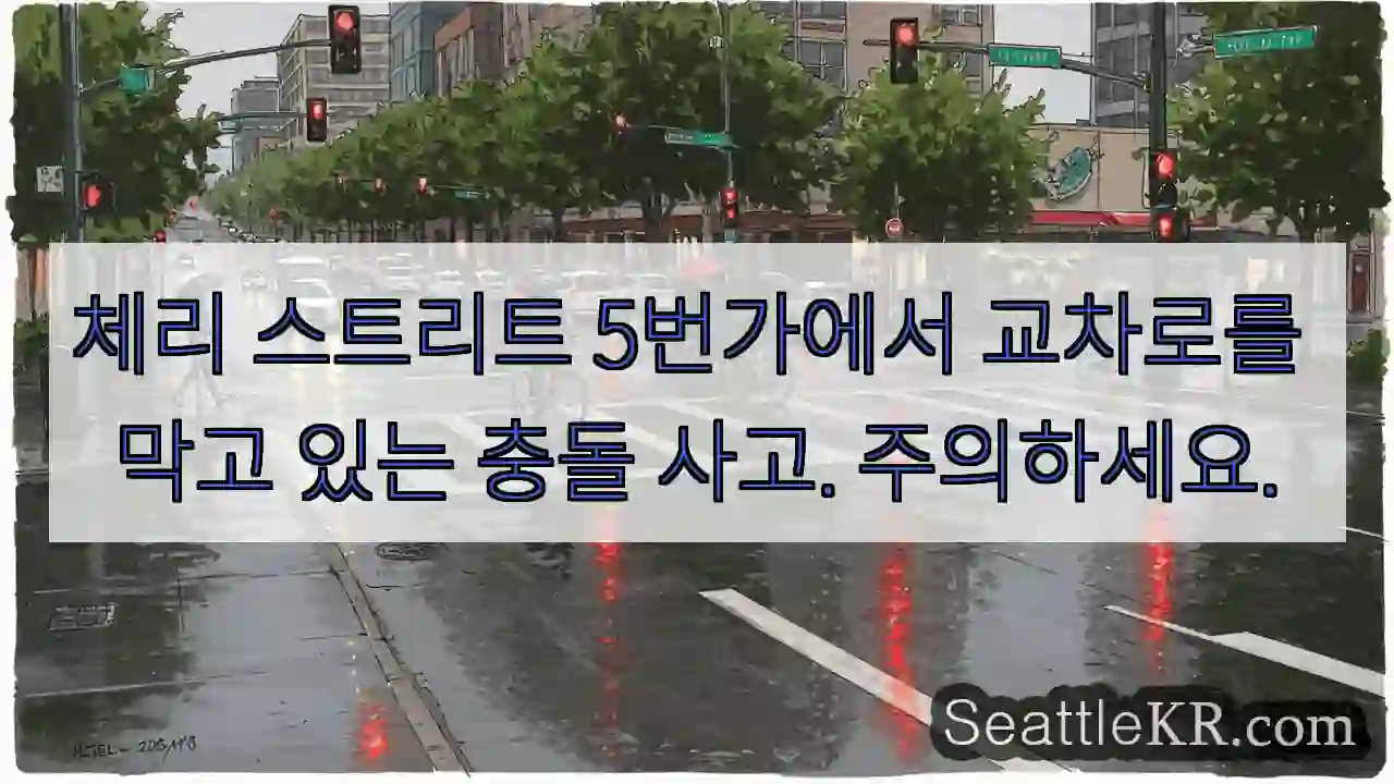 체리 스트리트 5번가에서 교차로를 막고 있는 충돌 사고. 주의하세요.