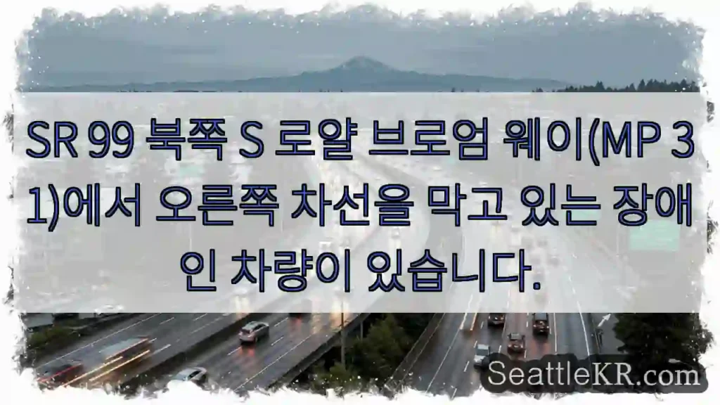 SR 99 북쪽 S 로얄 브로엄 웨이(MP 31)에서 오른쪽 차선을 막고 있는 장애인