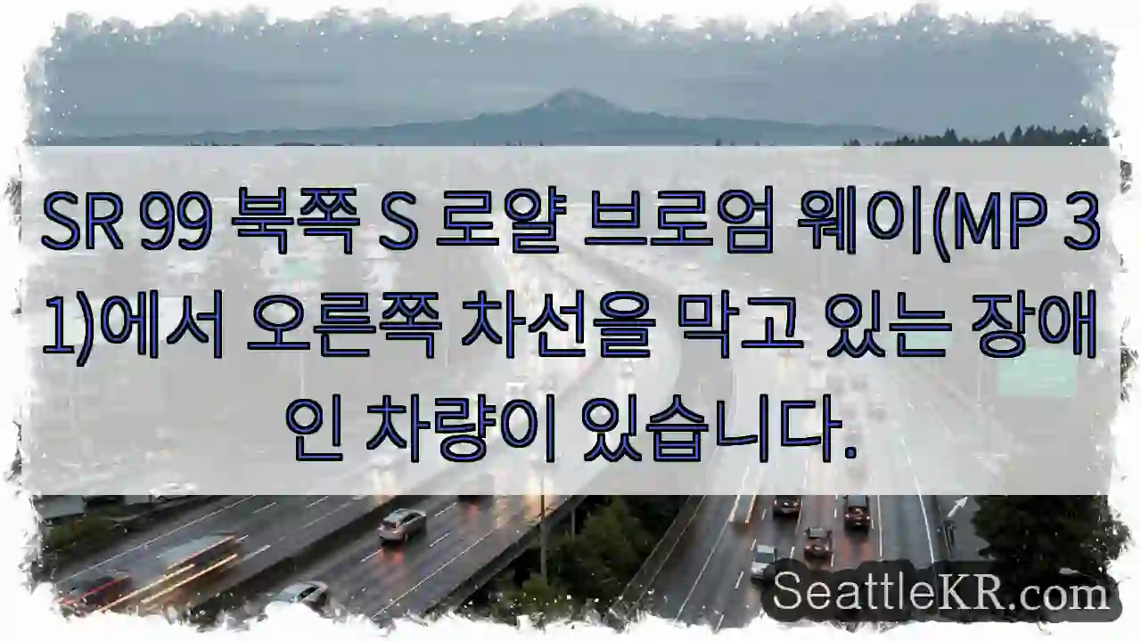 SR 99 북쪽 S 로얄 브로엄 웨이(MP 31)에서 오른쪽 차선을 막고 있는 장애인