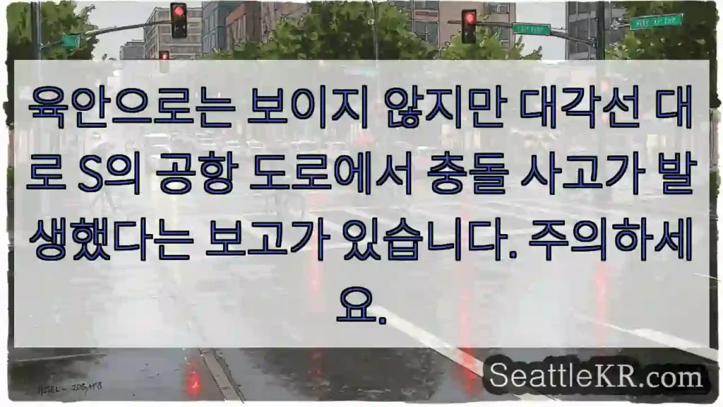육안으로는 보이지 않지만 대각선 대로 S의 공항 도로에서 충돌 사고가 발생했다는 보고가