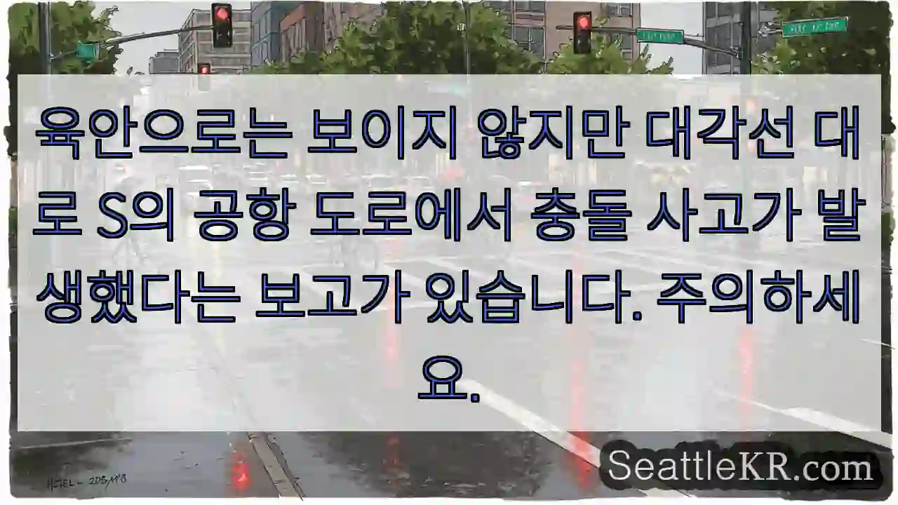 육안으로는 보이지 않지만 대각선 대로 S의 공항 도로에서 충돌 사고가 발생했다는 보고가