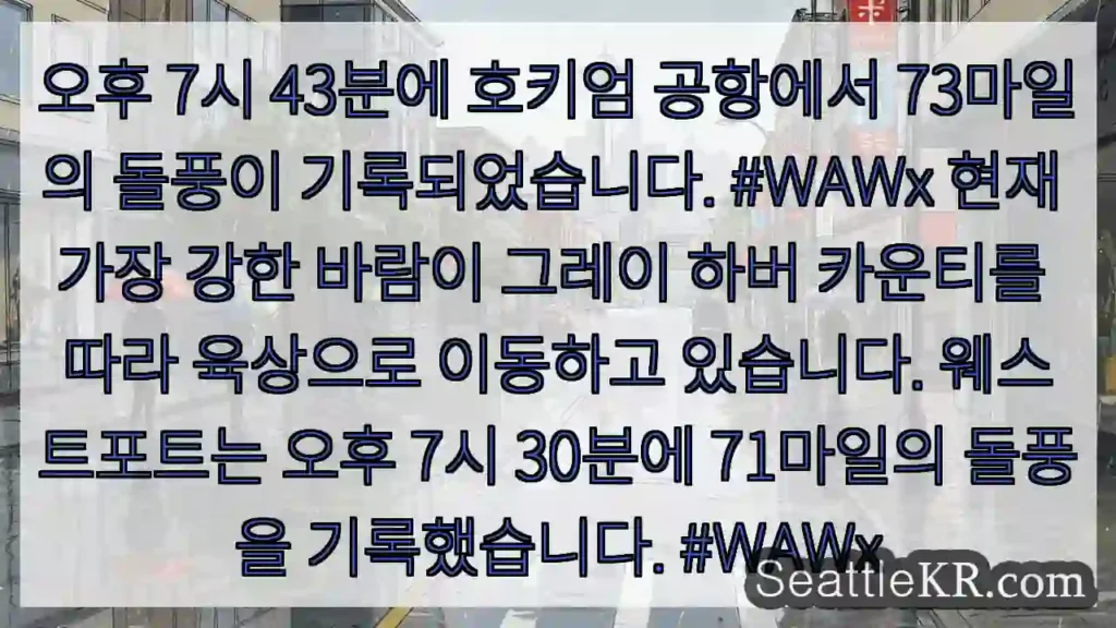 시애틀 날씨뉴스 1 오후 7시 43분에 호키엄 공항에서 73마일의 돌풍이 기록되었습니다. #WAWx 현재