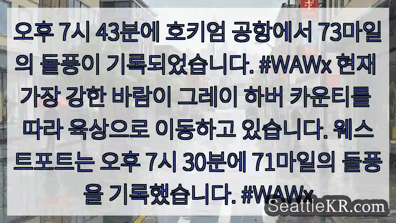 시애틀 날씨뉴스 2 오후 7시 43분에 호키엄 공항에서 73마일의 돌풍이 기록되었습니다. #WAWx 현재