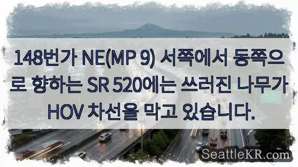148번가 NE(MP 9) 서쪽에서 동쪽으로 향하는 SR 520에는 쓰러진 나무가 HOV