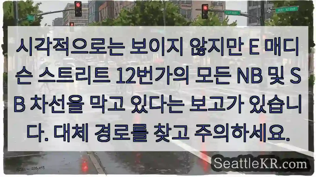 시각적으로는 보이지 않지만 E 매디슨 스트리트 12번가의 모든 NB 및 SB 차선을 막고