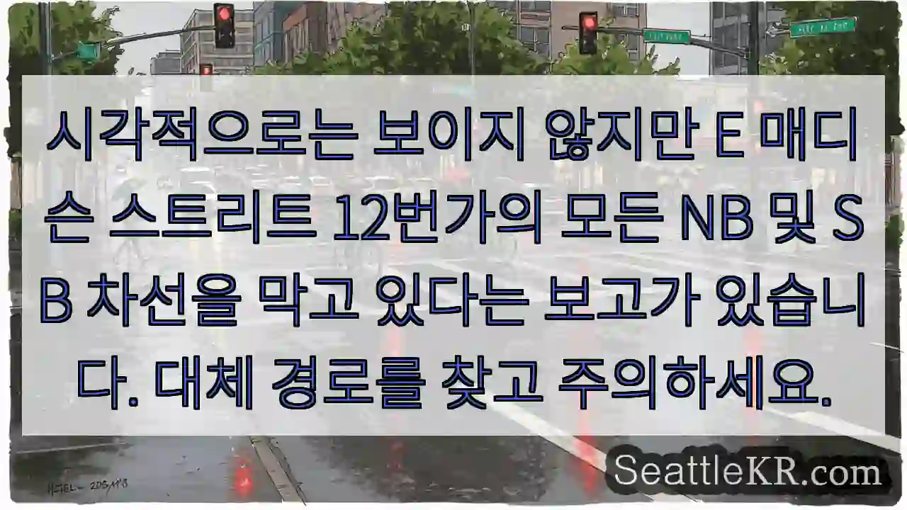 시각적으로는 보이지 않지만 E 매디슨 스트리트 12번가의 모든 NB 및 SB 차선을 막고