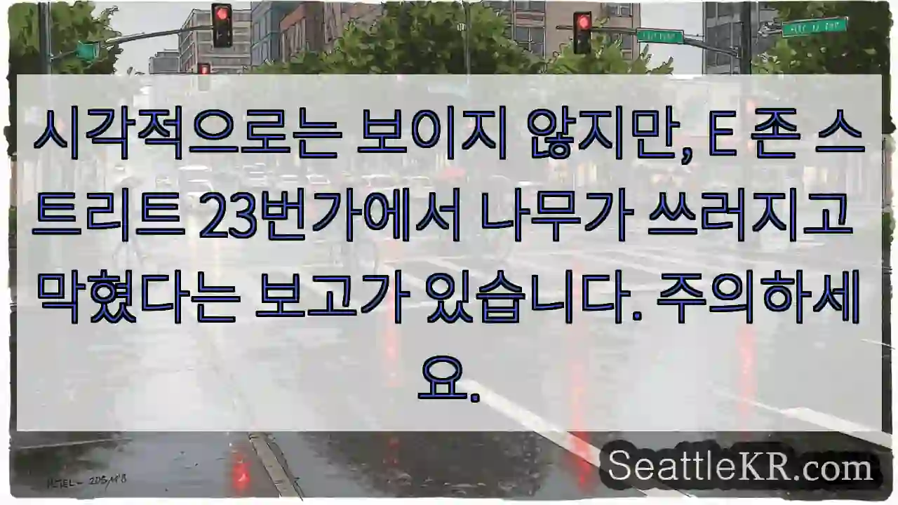 시각적으로는 보이지 않지만, E 존 스트리트 23번가에서 나무가 쓰러지고 막혔다는 보고가