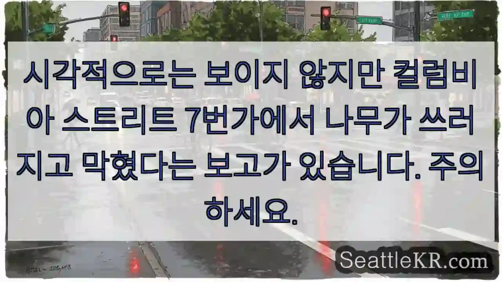 시각적으로는 보이지 않지만 컬럼비아 스트리트 7번가에서 나무가 쓰러지고 막혔다는 보고가