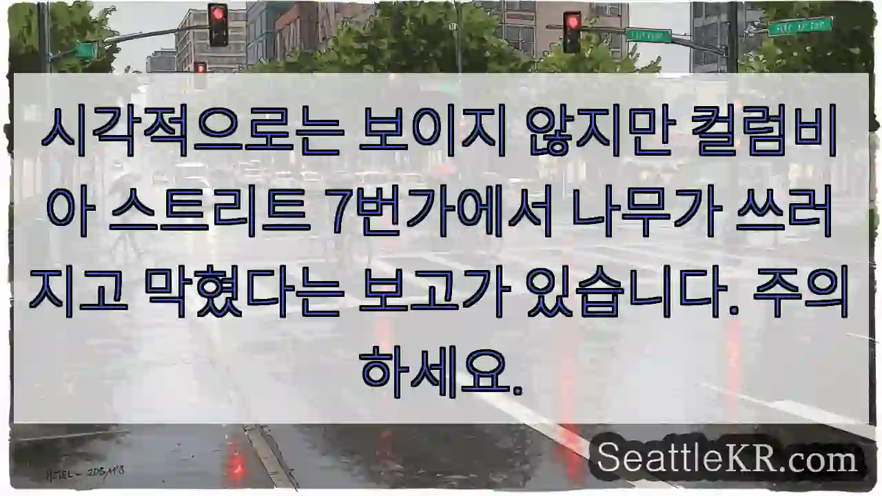 시각적으로는 보이지 않지만 컬럼비아 스트리트 7번가에서 나무가 쓰러지고 막혔다는 보고가