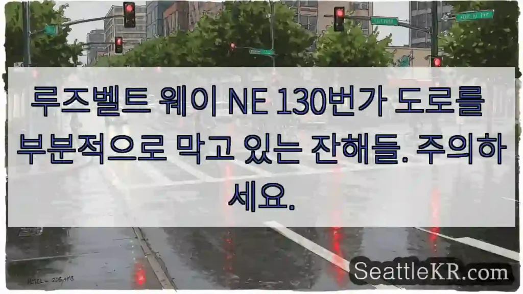 루즈벨트 웨이 NE 130번가 도로를 부분적으로 막고 있는 잔해들. 주의하세요.