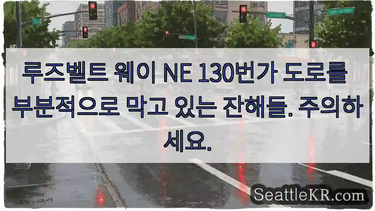 루즈벨트 웨이 NE 130번가 도로를 부분적으로 막고 있는 잔해들. 주의하세요.