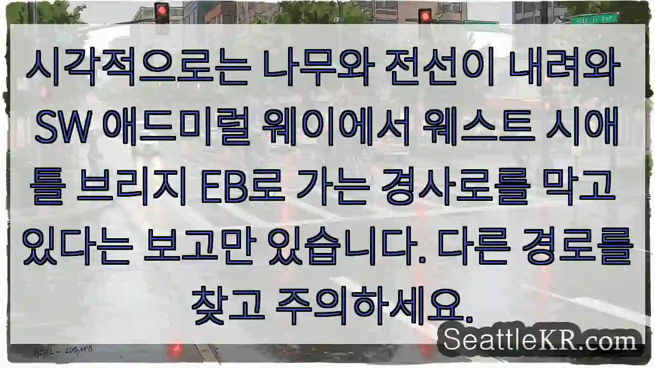 시각적으로는 나무와 전선이 내려와 SW 애드미럴 웨이에서 웨스트 시애틀 브리지 EB로 1 시각적으로는 나무와 전선이 내려와 SW 애드미럴 웨이에서 웨스트 시애틀 브리지 EB로