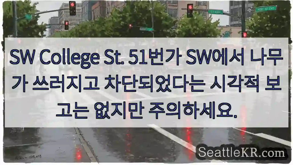SW College St. 51번가 SW에서 나무가 쓰러지고 차단되었다는 시각적 보고는