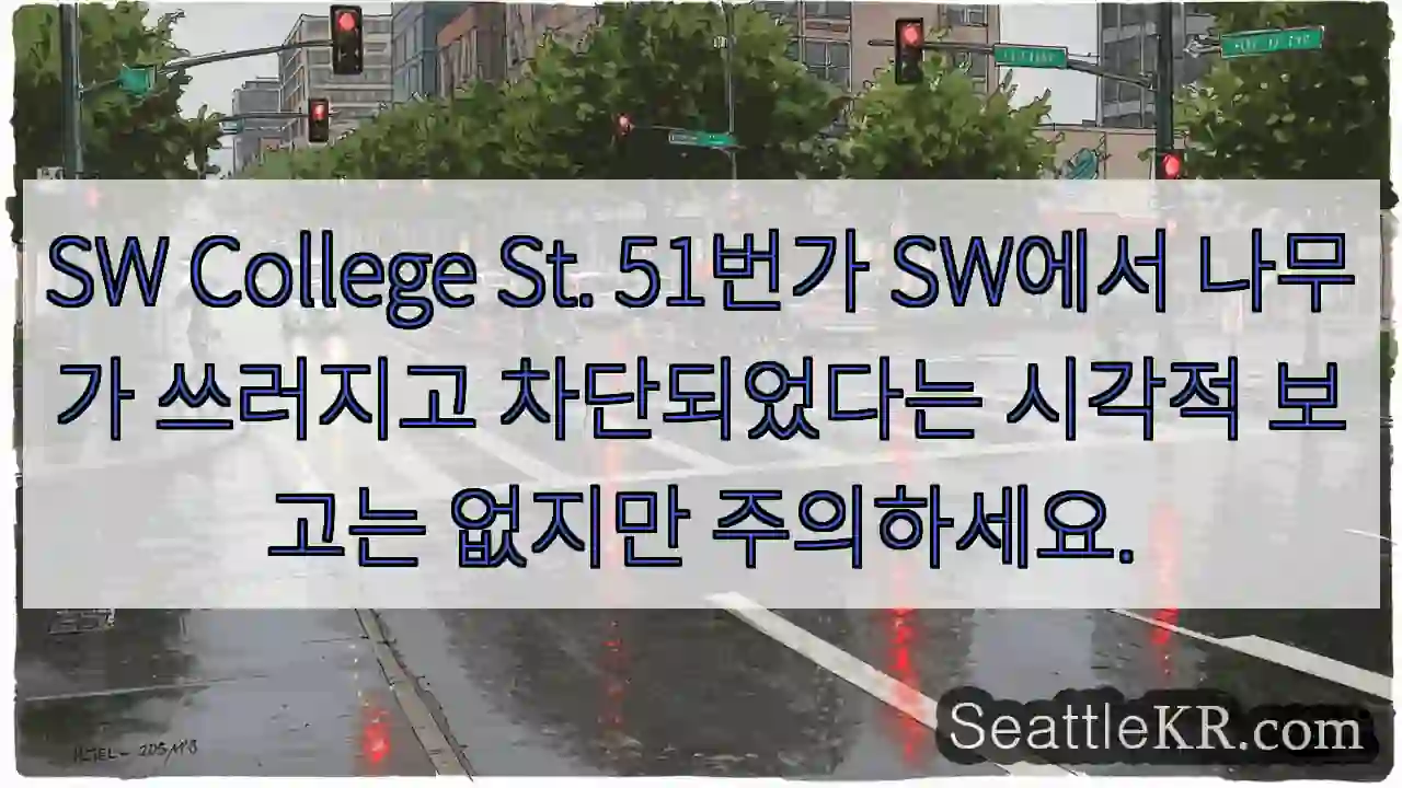 SW College St. 51번가 SW에서 나무가 쓰러지고 차단되었다는 시각적 보고는