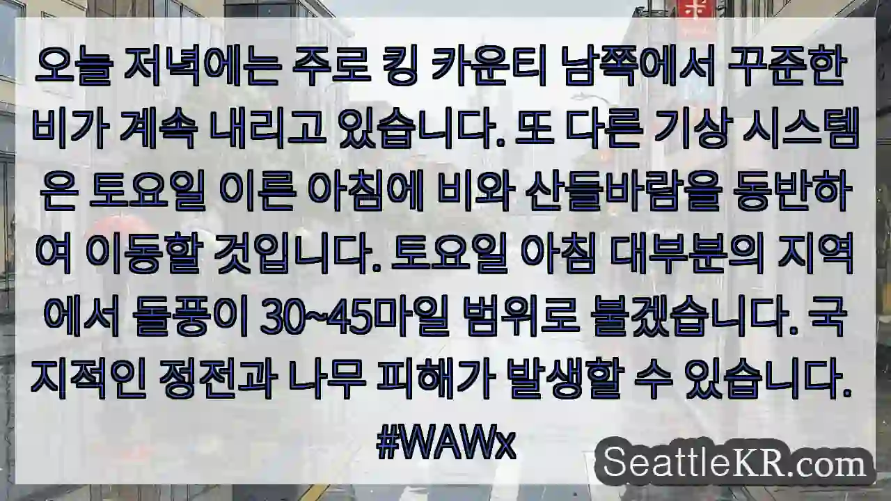오늘 저녁에는 주로 킹 카운티 남쪽에서 꾸준한 비가 계속 내리고 있습니다. 또 다른 기상