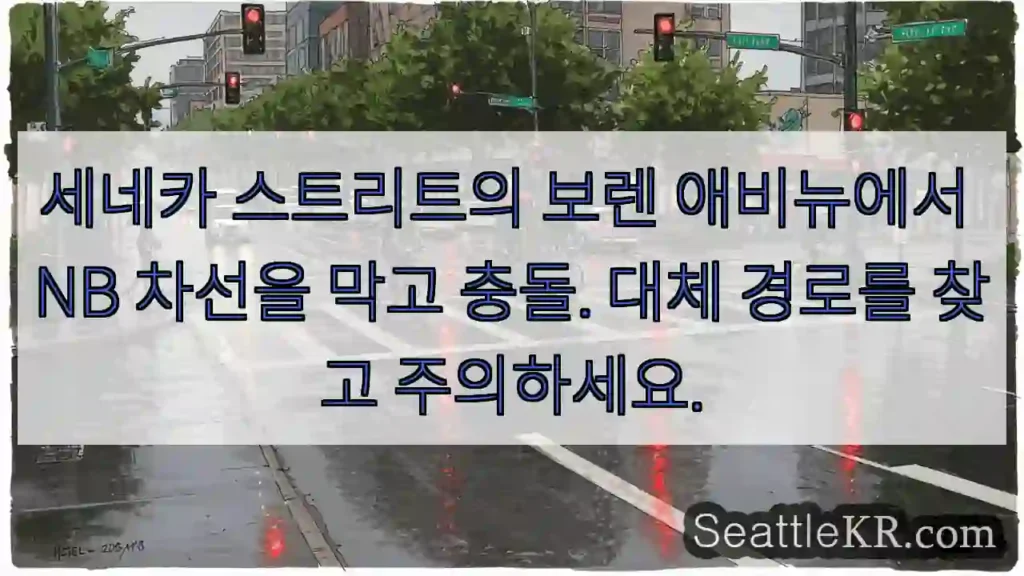 세네카 스트리트의 보렌 애비뉴에서 NB 차선을 막고 충돌. 대체 경로를 찾고 주의하세요.