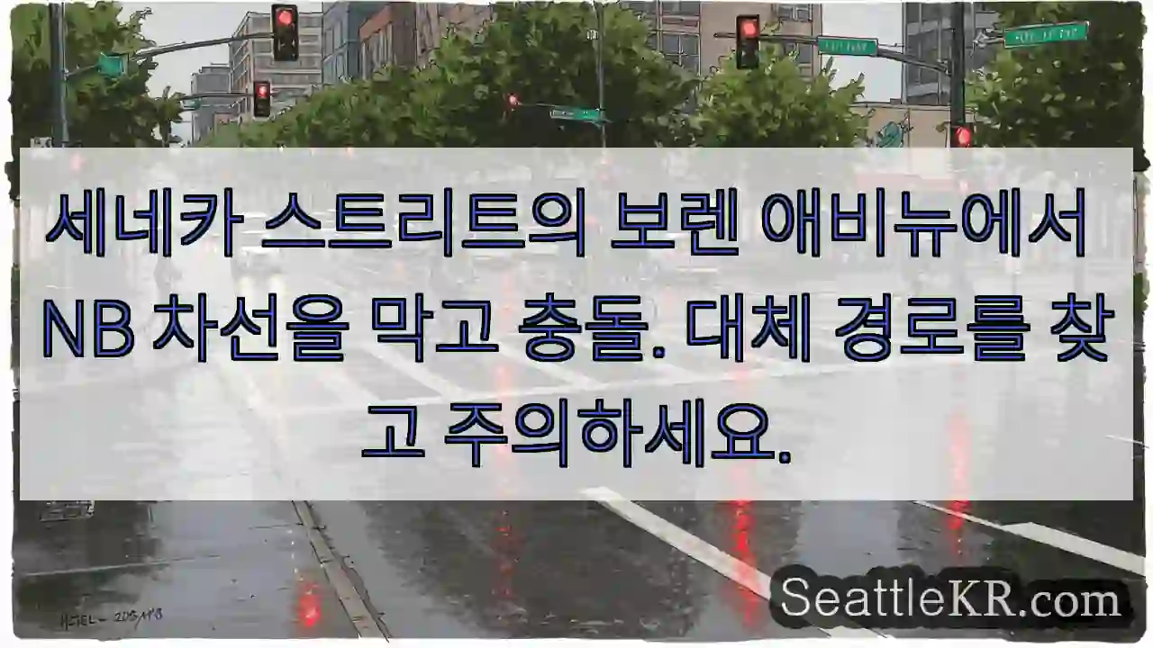 세네카 스트리트의 보렌 애비뉴에서 NB 차선을 막고 충돌. 대체 경로를 찾고 주의하세요.