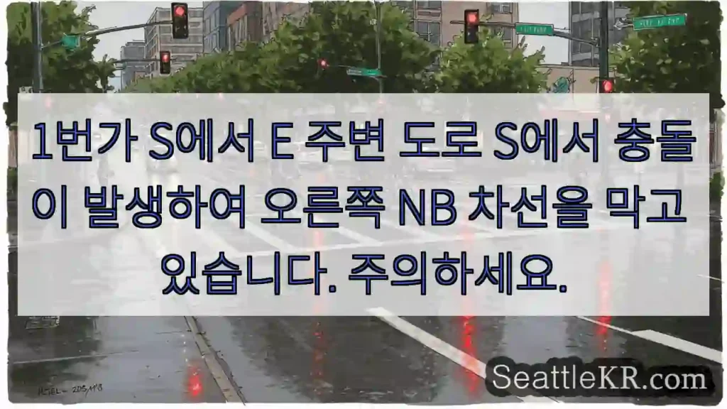 1번가 S에서 E 주변 도로 S에서 충돌이 발생하여 오른쪽 NB 차선을 막고 있습니다.