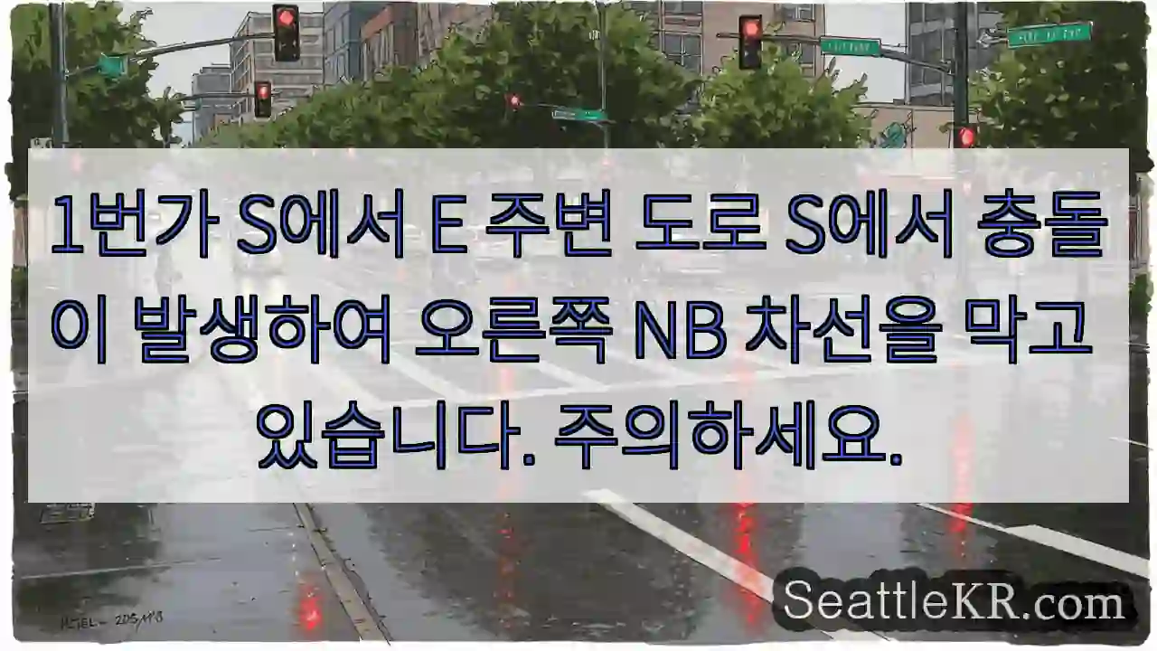 1번가 S에서 E 주변 도로 S에서 충돌이 발생하여 오른쪽 NB 차선을 막고 있습니다.