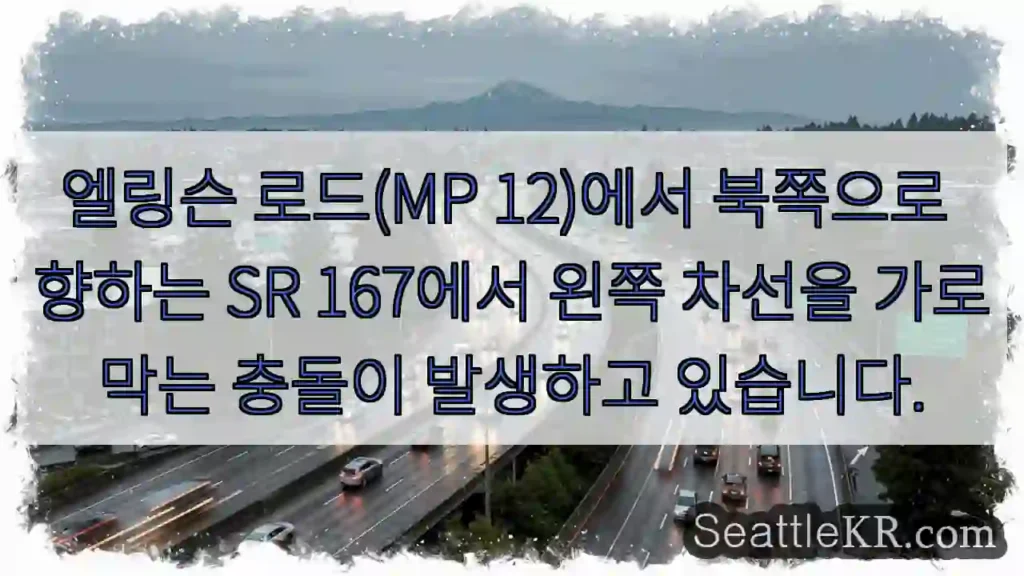 엘링슨 로드(MP 12)에서 북쪽으로 향하는 SR 167에서 왼쪽 차선을 가로막는 충돌이