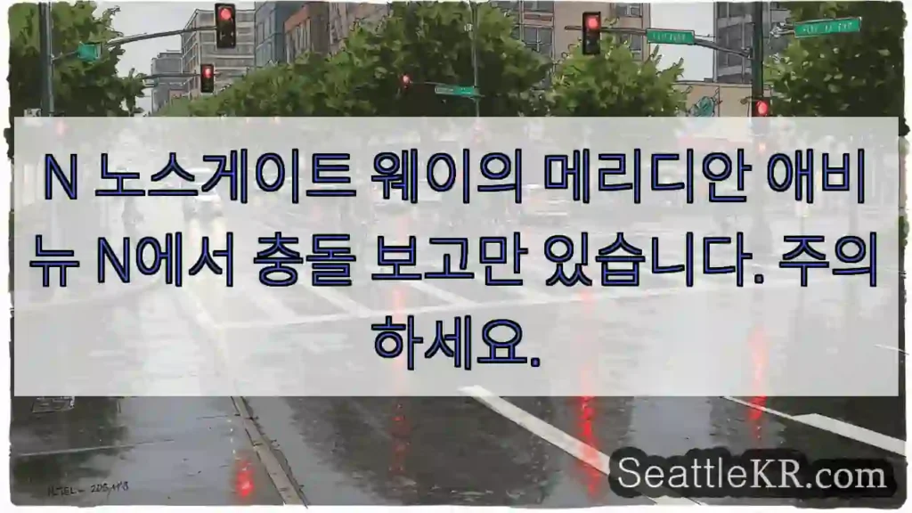 N 노스게이트 웨이의 메리디안 애비뉴 N에서 충돌 보고만 있습니다. 주의하세요.