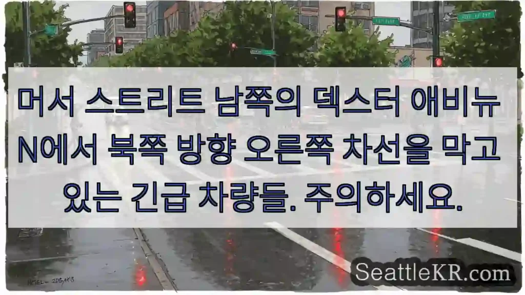 머서 스트리트 남쪽의 덱스터 애비뉴 N에서 북쪽 방향 오른쪽 차선을 막고 있는 긴급