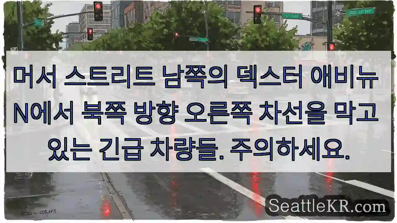머서 스트리트 남쪽의 덱스터 애비뉴 N에서 북쪽 방향 오른쪽 차선을 막고 있는 긴급