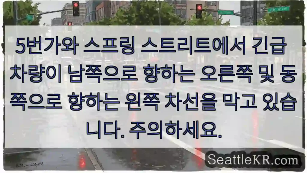5번가와 스프링 스트리트에서 긴급 차량이 남쪽으로 향하는 오른쪽 및 동쪽으로 향하는 왼쪽