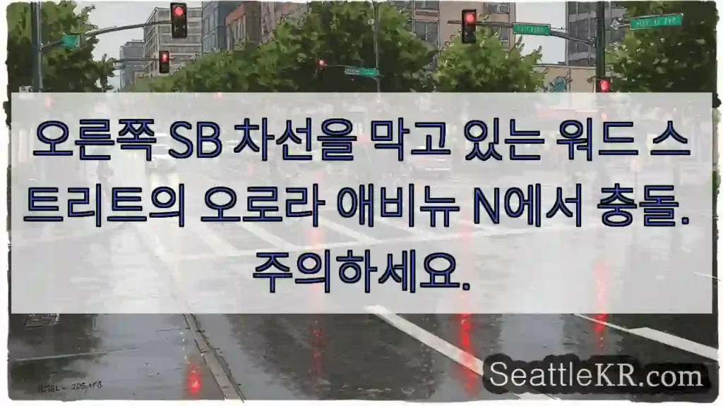 오른쪽 SB 차선을 막고 있는 워드 스트리트의 오로라 애비뉴 N에서 충돌. 주의하세요.