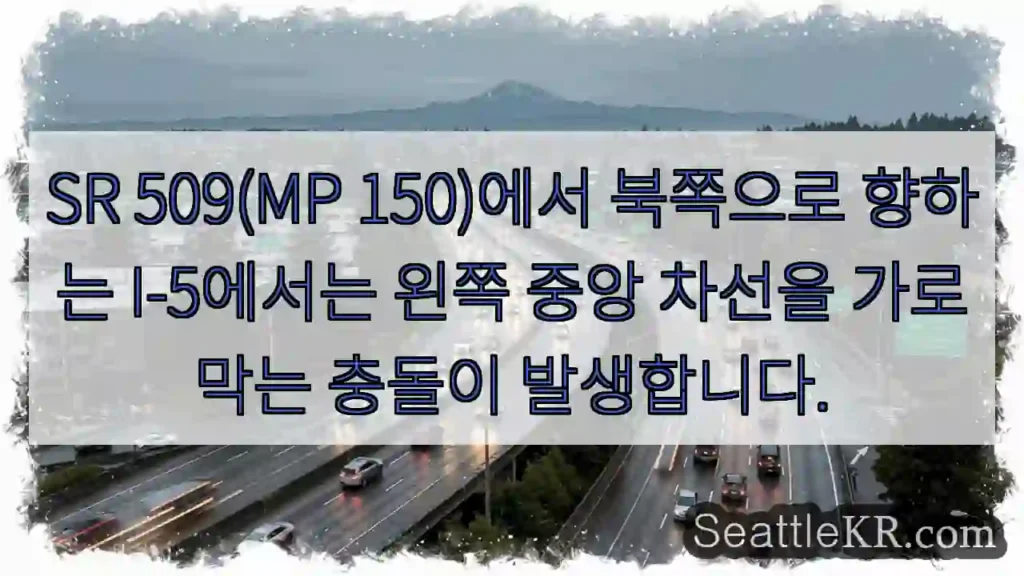SR 509(MP 150)에서 북쪽으로 향하는 I-5에서는 왼쪽 중앙 차선을 가로막는