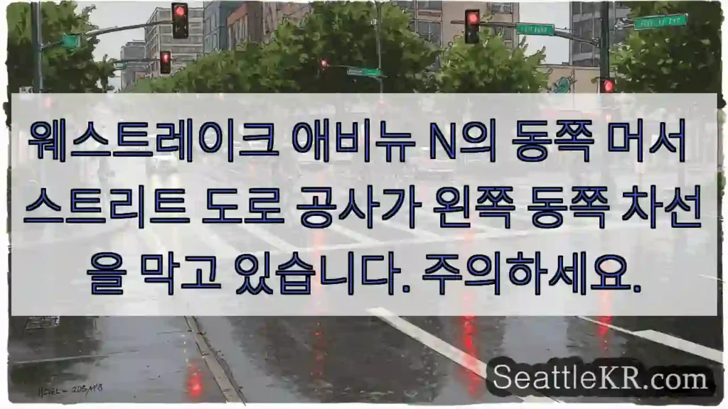 웨스트레이크 애비뉴 N의 동쪽 머서 스트리트 도로 공사가 왼쪽 동쪽 차선을 막고
