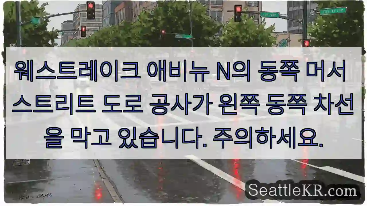 웨스트레이크 애비뉴 N의 동쪽 머서 스트리트 도로 공사가 왼쪽 동쪽 차선을 막고