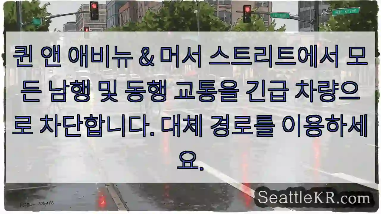 퀸 앤 애비뉴 & 머서 스트리트에서 모든 남행 및 동행 교통을 긴급 차량으로 차단합니다.