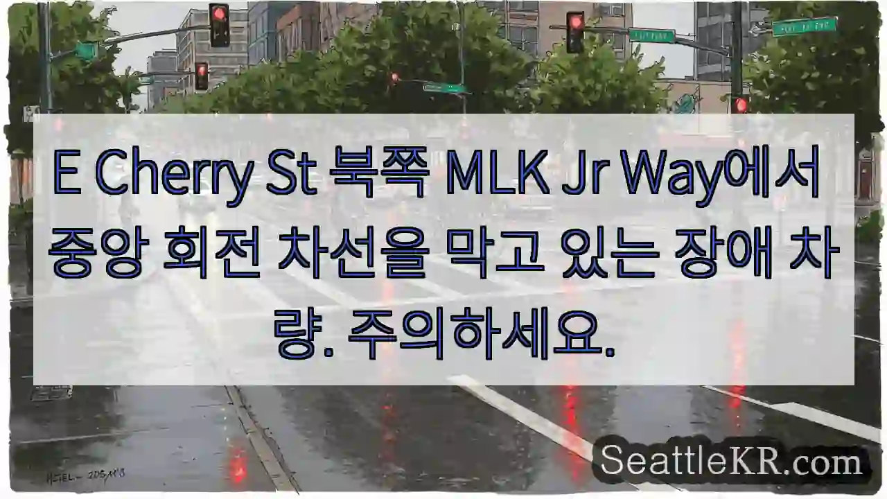 E Cherry St 북쪽 MLK Jr Way에서 중앙 회전 차선을 막고 있는 장애