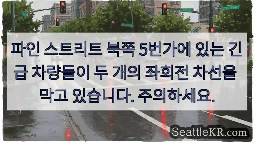 파인 스트리트 북쪽 5번가에 있는 긴급 차량들이 두 개의 좌회전 차선을 막고 있습니다.